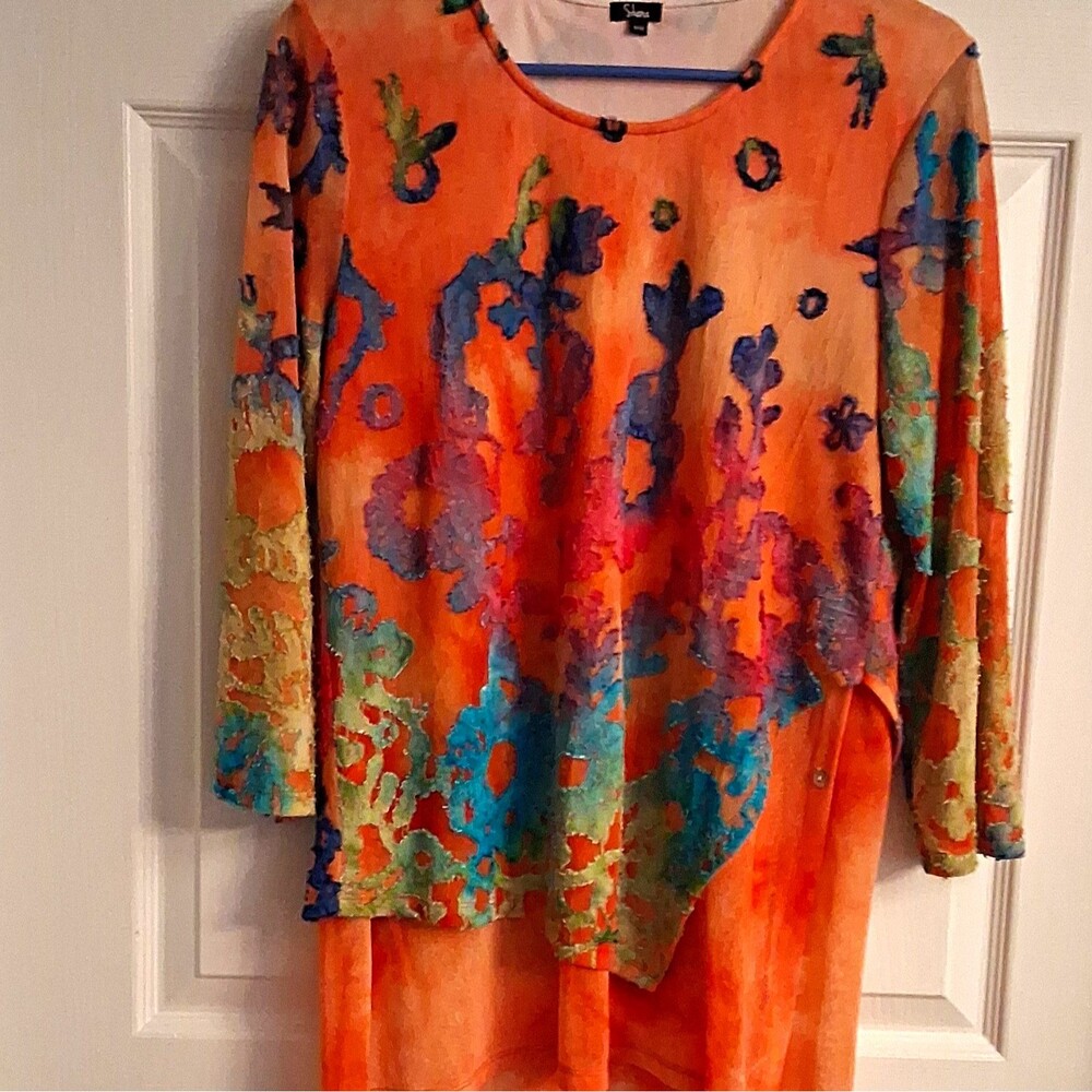 Shana Womens Orange Abstract Embroidered Mesh Tunic Blouse 3/4 Sleeve M